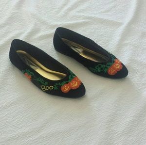 Velvet Black Halloween Pumpkin Cat Boo Flats